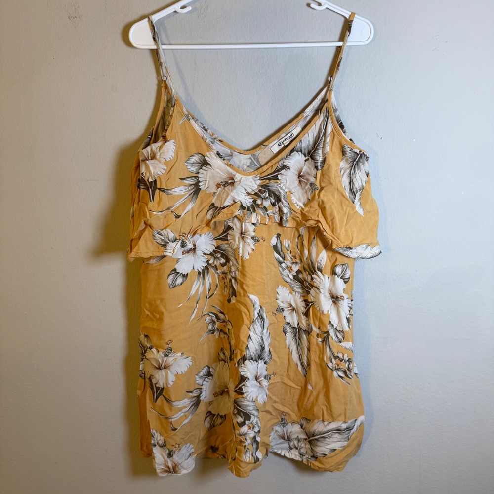 Rip Curl Women Mustard Yellow Hibiscus Floral Ruffle Cami Top XS GDRBY9